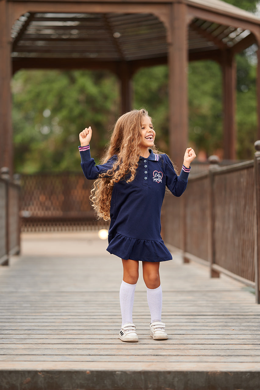 Girls Winter Navy polo dress  with 'Better Together' Print - front view