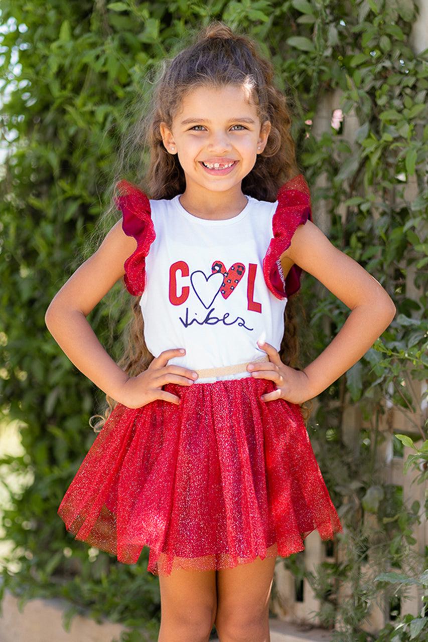 Girls' short sleeve ruffle t-shirt with Cool printed - Red