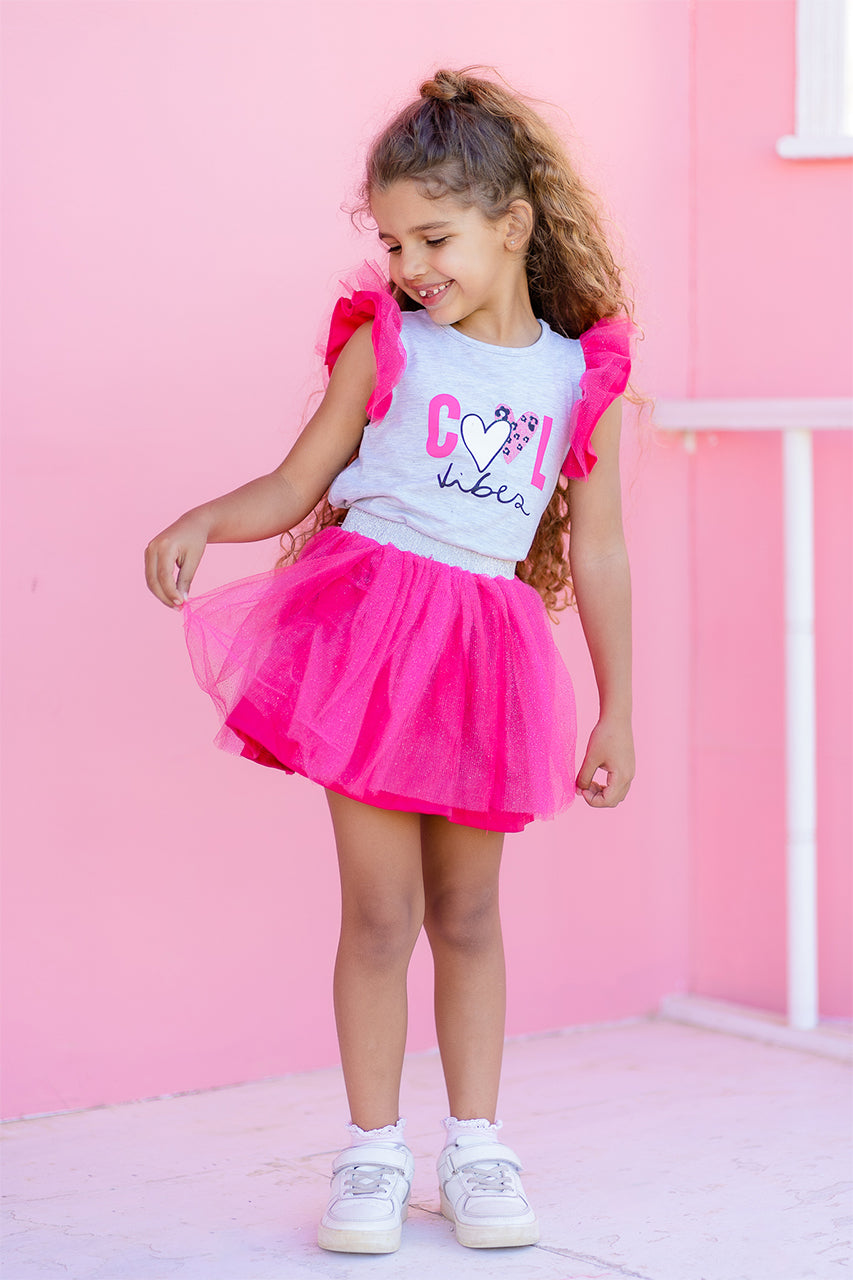 Girls' short sleeve ruffle t-shirt with Cool printed - Fuchsia