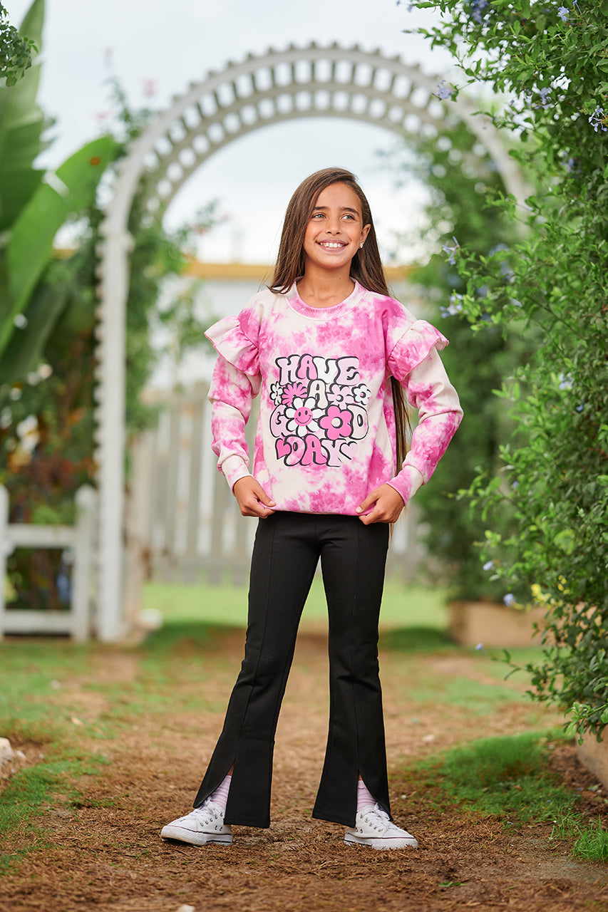 Girls Sweatshirt with have a good day Printed - Tie dye pink