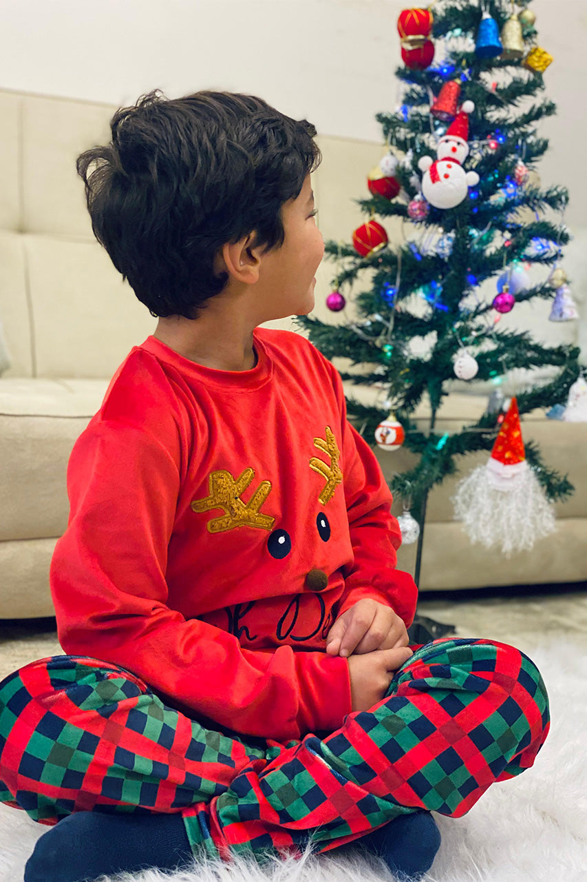 Winter family Matching Christmas pajamas with A deer embroidery - Red