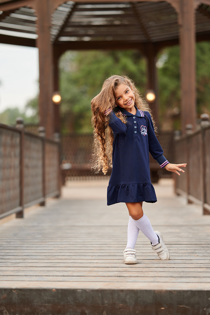 Girls Winter Navy polo dress  with 'Better Together' Print- front view 2