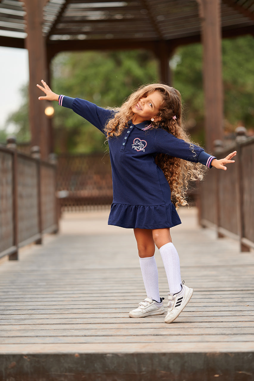 Girls Winter Navy polo dress  with 'Better Together' Print - cute girl
