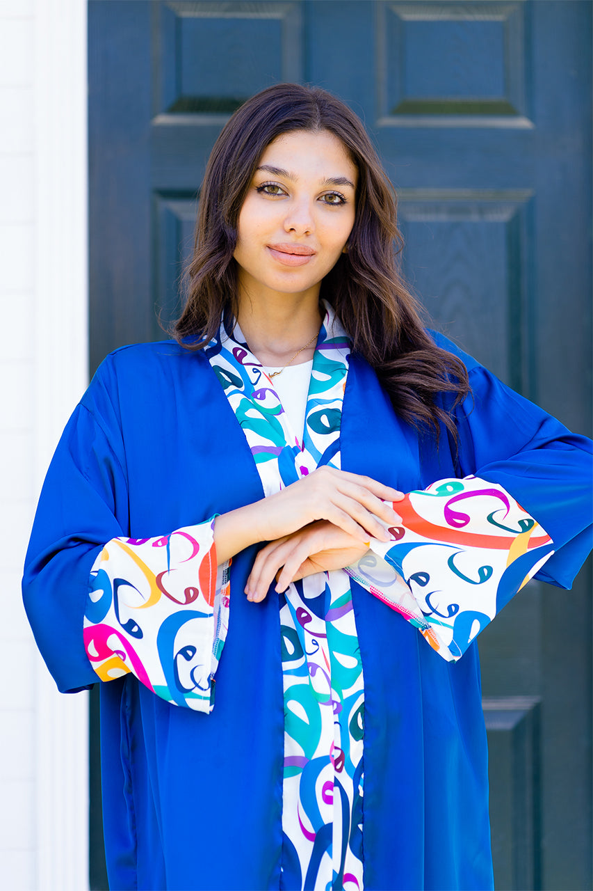 Arabic calligraphy satin kaftan Royal blue 