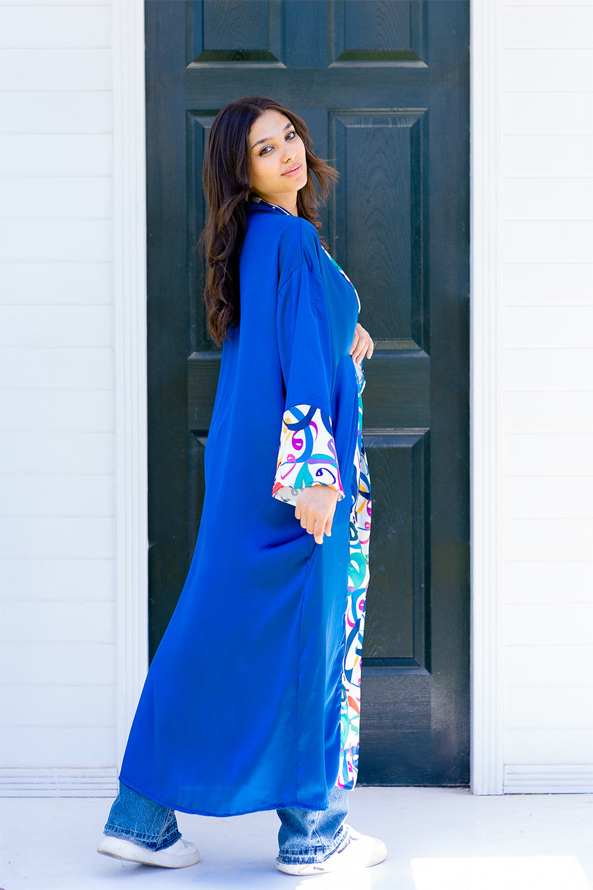 Arabic calligraphy satin kaftan Royal blue side view