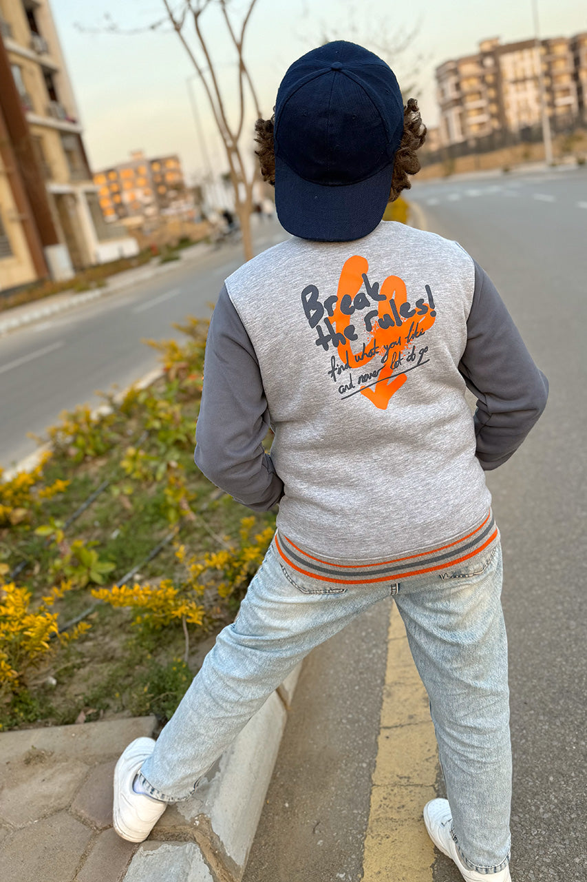 Boy's baseball jacket with skate more printed Gray - back view with text design