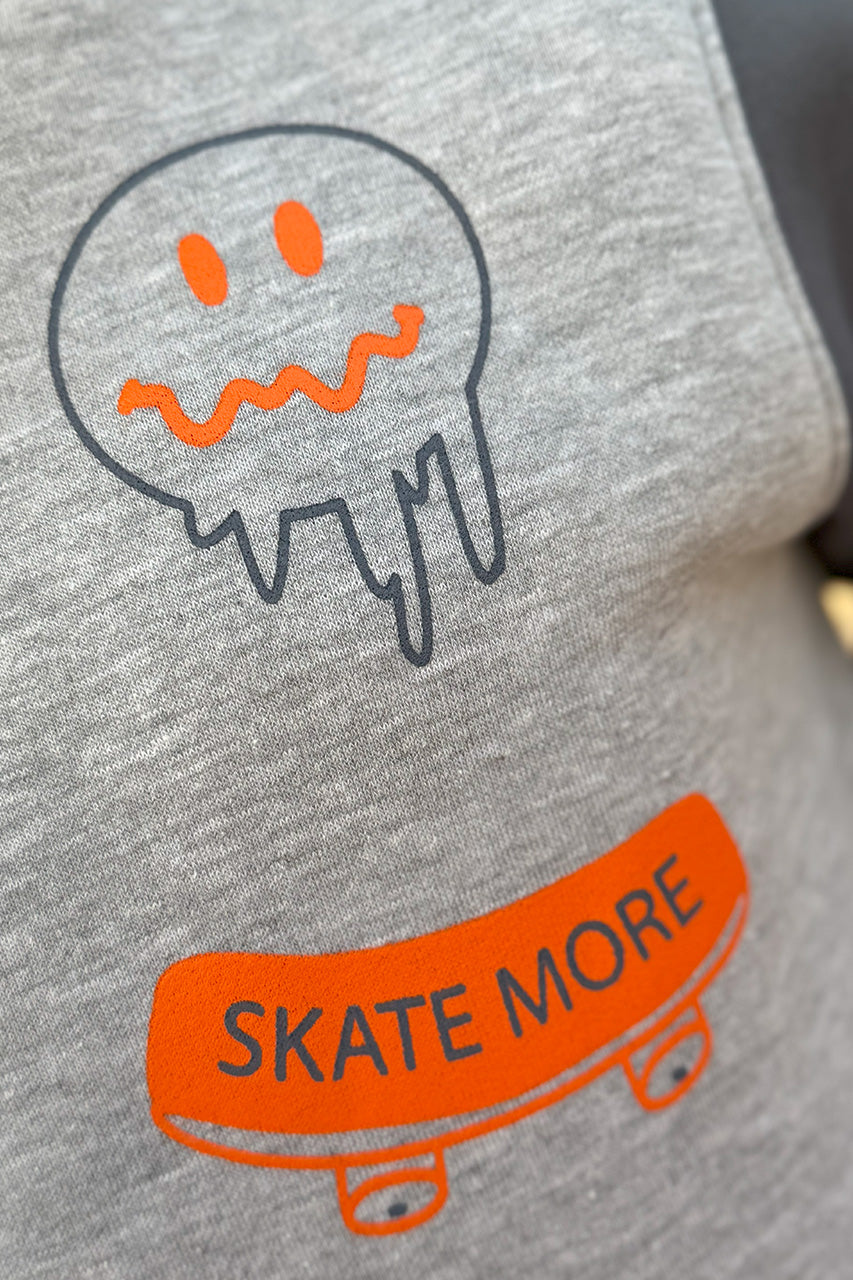 Boy's baseball jacket with skate more printed Gray - back view with skate more text design