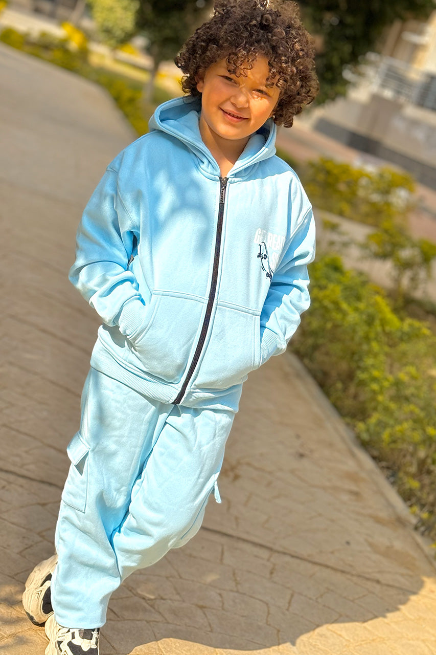Boy's zip-up hoody with get ready printed Baby blue -side pocket