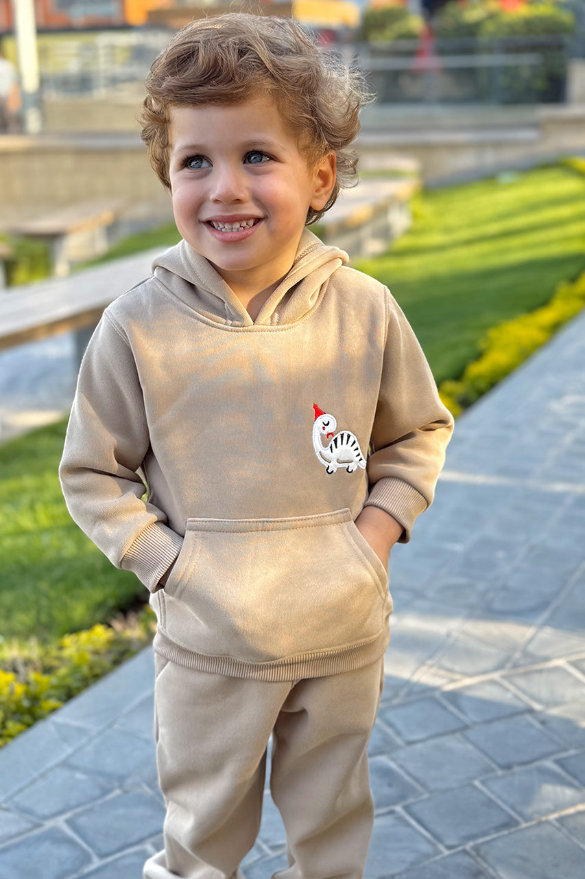 Boys Melton hoodie with kangaroo printed Beige zoom in