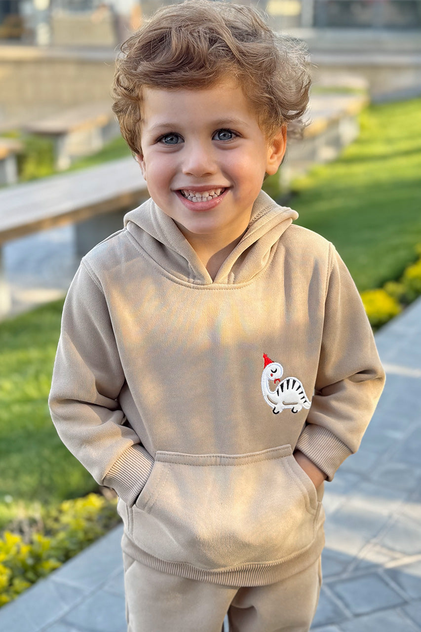 Boys Melton hoodie with kangaroo printed Beige- be warm