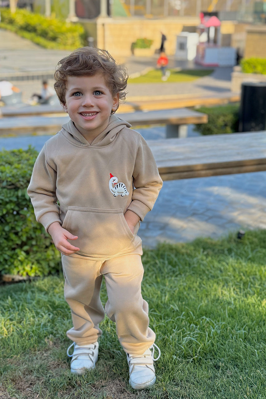 Boys Melton hoodie with kangaroo printed Beige - front view