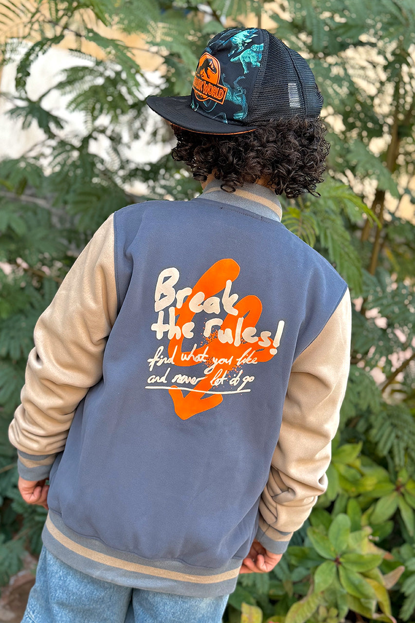 Boys' baseball jacket with break the rules printed in Gray & Beige- view back