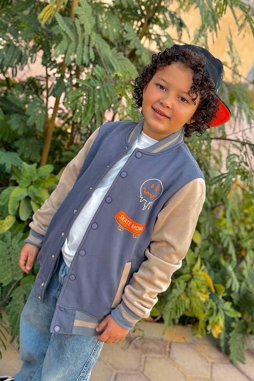 Boys' baseball jacket with break the rules printed Gray & Beige - The jacket has front buttons made of the same fabric