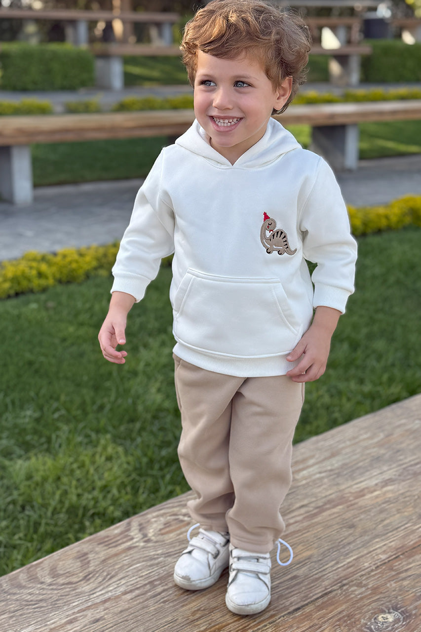 Boys hoodie with kangaroo printed White - 
It can be coordinated with pants of the same material and in Beige color from Cuddles Store