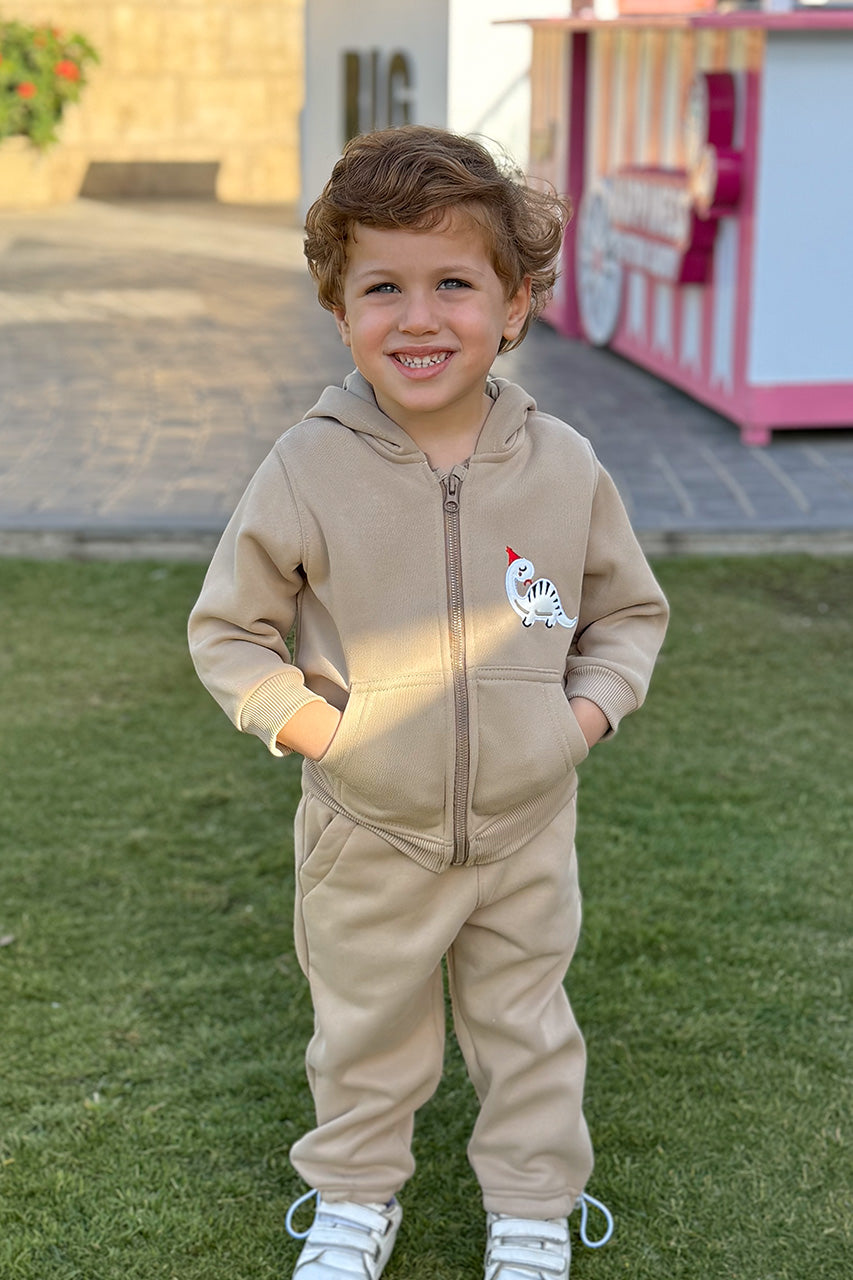 Boys zip-up hoodies with kangaroo printed Beige - front view