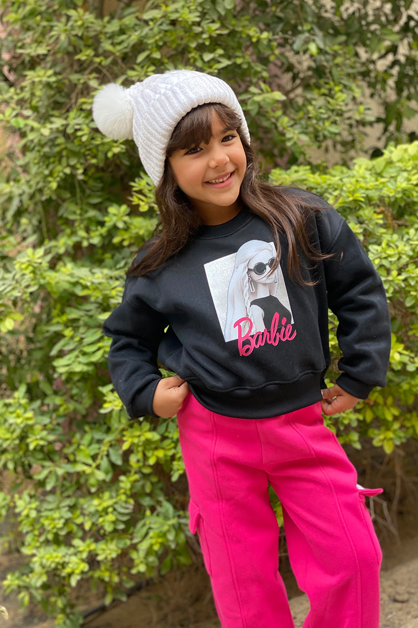 Girl's Sweatshirt with Waistband and Barbie Print - Black