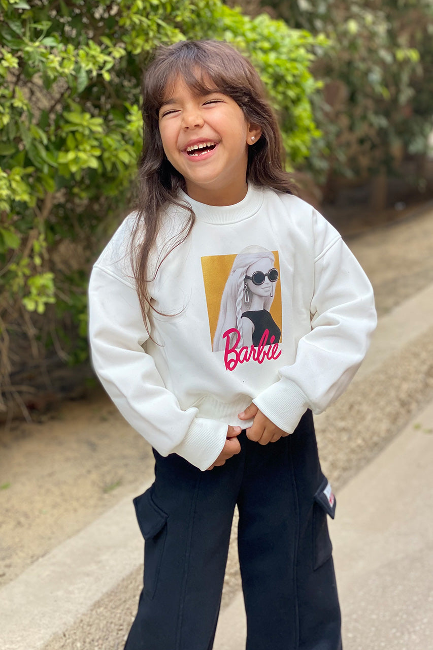 Girls Melton Sweatshirt with Barbie printed and text design - White 