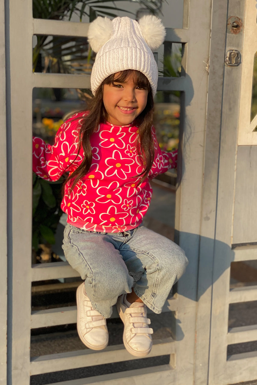 Girls Melton Sweatshirt with roses allover - Fuchsia