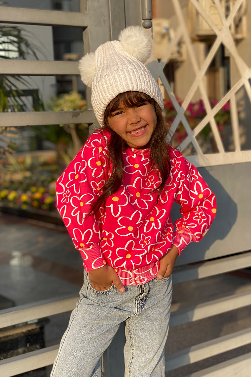 Girls Melton Sweatshirt with roses allover Fuchsia - side view