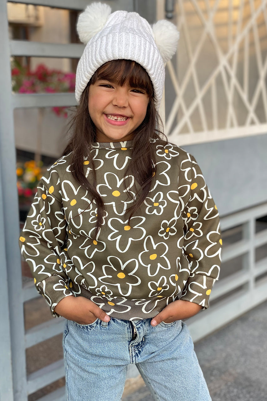 Girls Melton Sweatshirt with roses allover Olive - front zoom in view