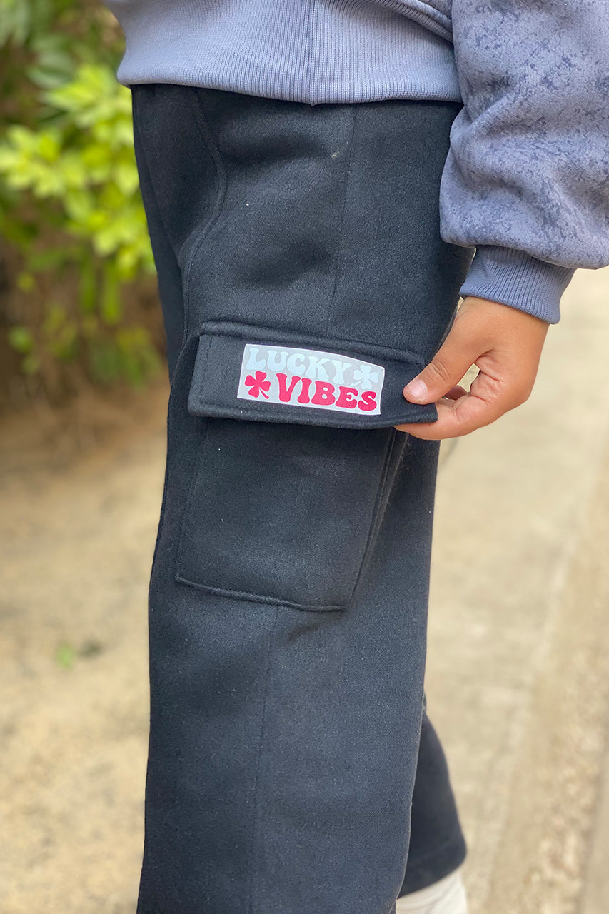 Girls Wide Leg Pants Black with Large Side Pockets - with Vibes text design