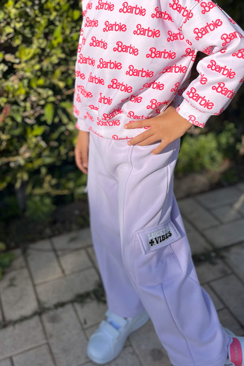 Girls' wide leg pants that can be coordinated with a sweatshirt with the same print from Cuddles Store - lavender - side view