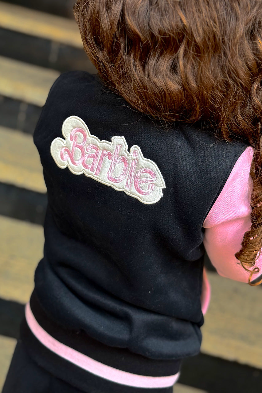 Girls winter jacket Barbie Baseball Stylish Pink Black  - Barbie text design