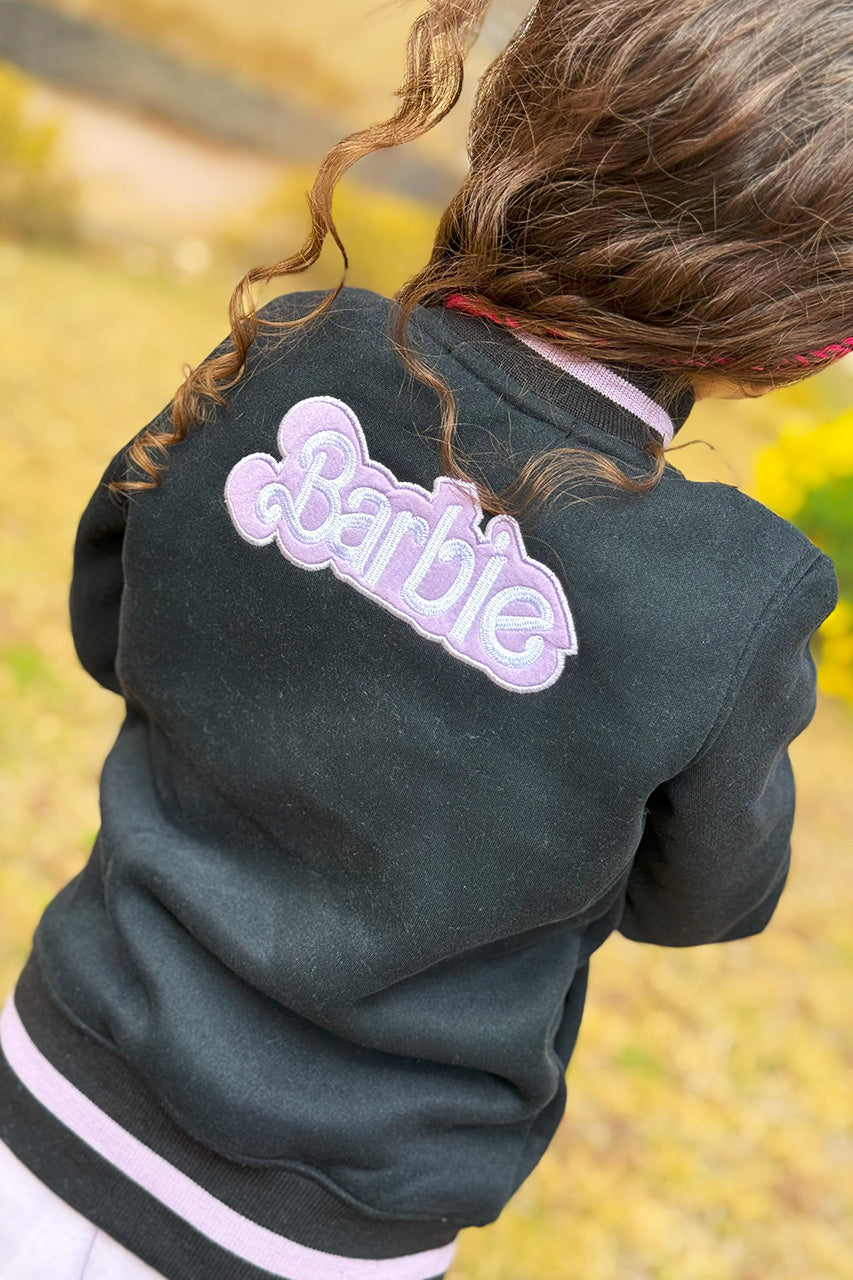 Girls winter jacket Barbie Baseball Stylish Black  Lavender - Barbie text design in back