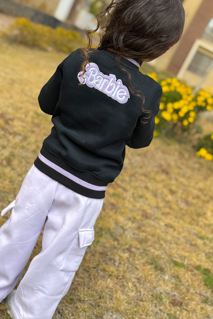 Girls winter jacket Barbie Baseball Stylish Black  Lavender - Barbie text design in back - A jacket that can be coordinated with pants of the same color from Cuddles Store