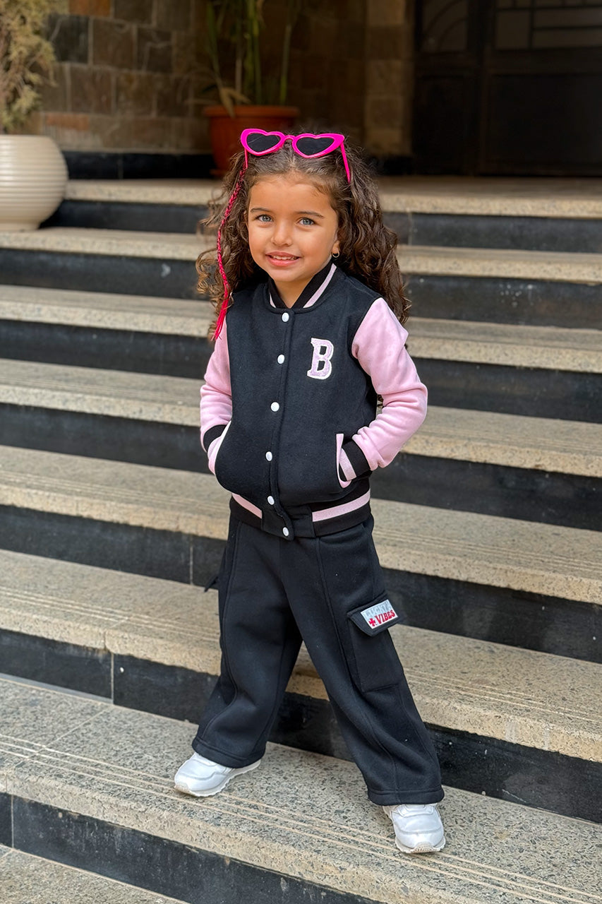 Girls winter jacket Barbie Baseball Stylish Pink & Black