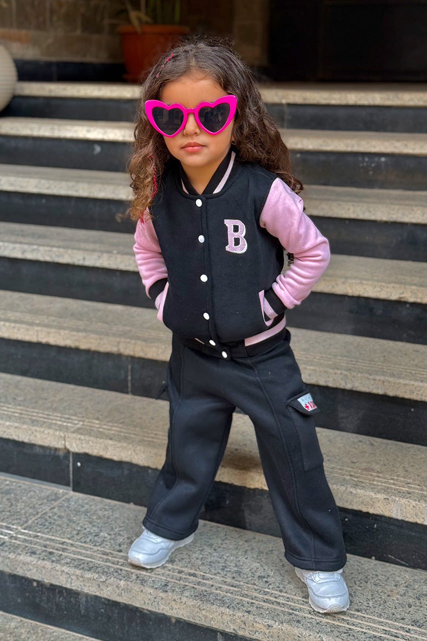 Girls winter jacket Barbie Baseball Stylish Pink Black - side pocket