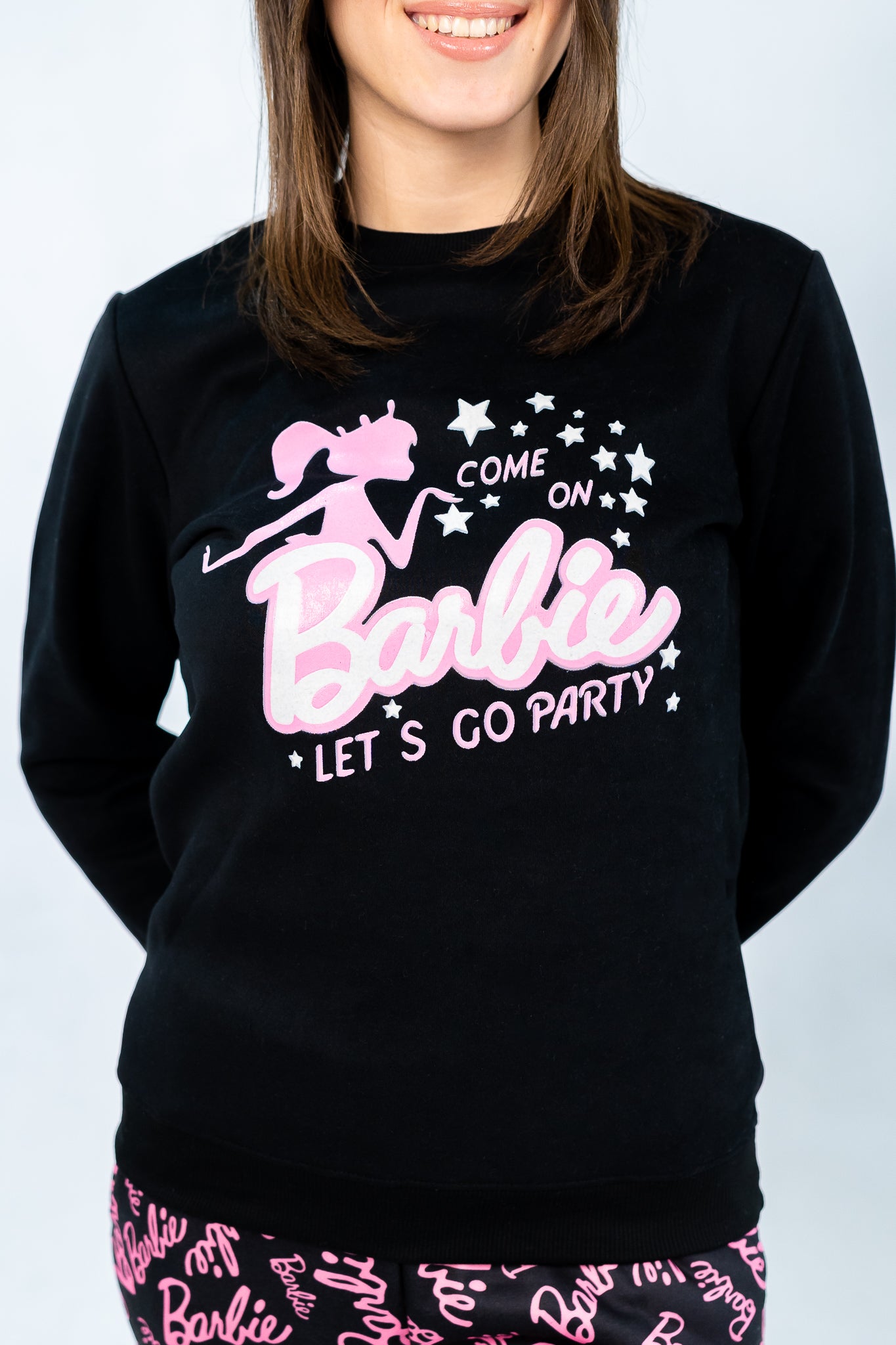 Girl's winter pajamas with barbie lets go party print -black
