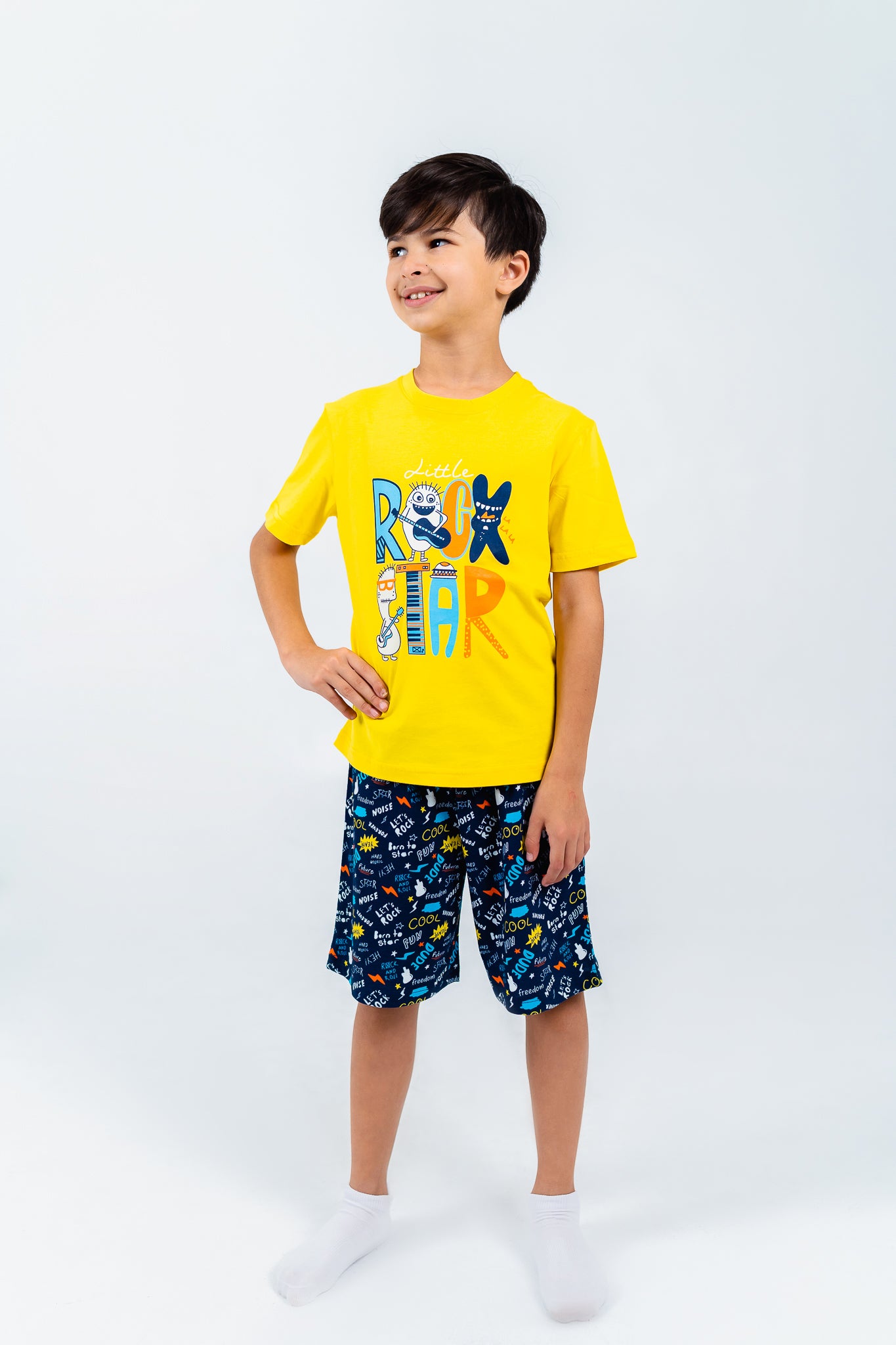 Boys cotton short pajamas with Rock Star Yellow - front view
