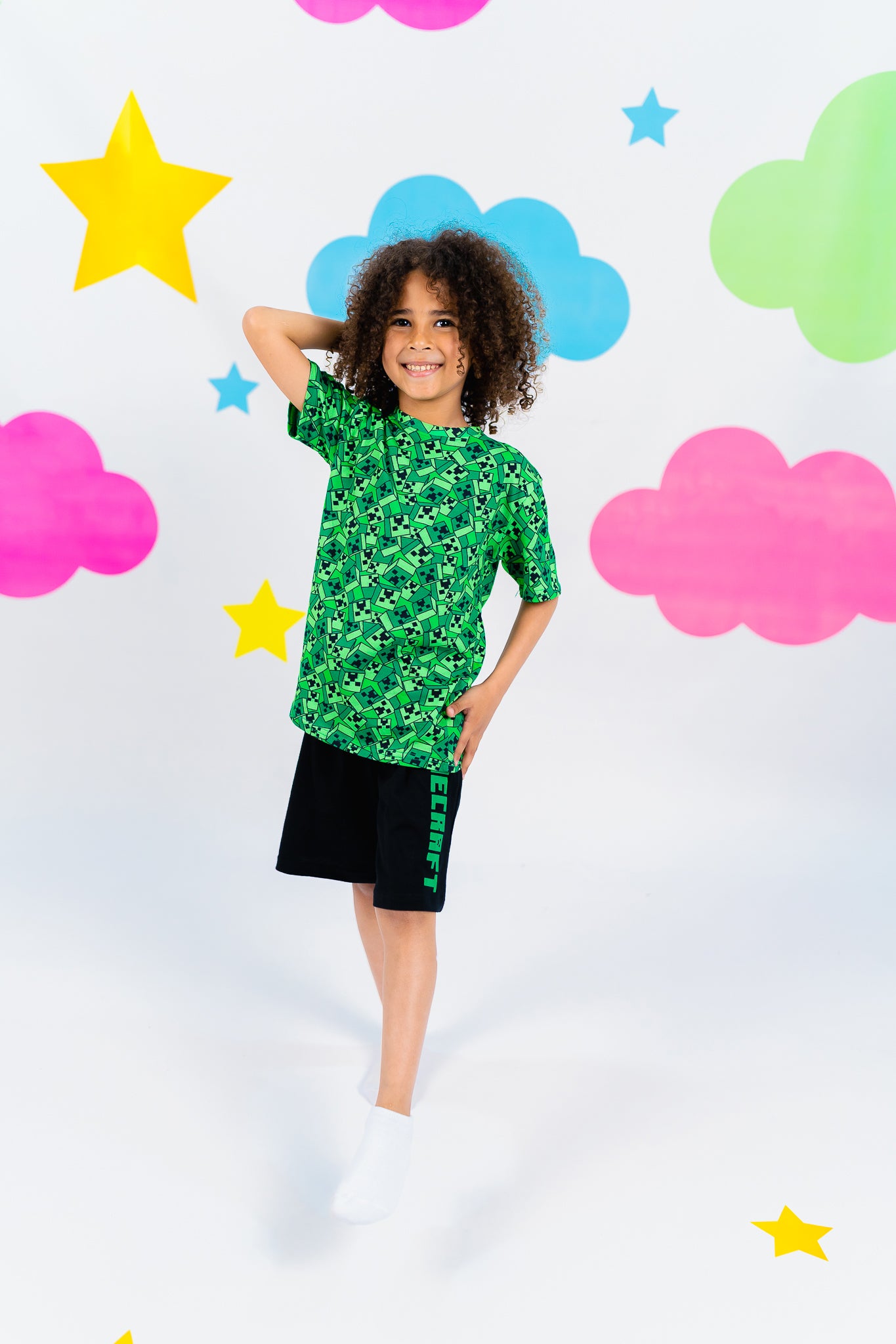 Boys cotton short pajamas with minecraft green - side view