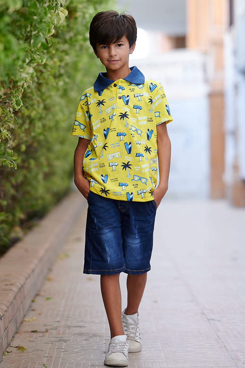 Boy's polo t-shirt with palm tree printed- yellow