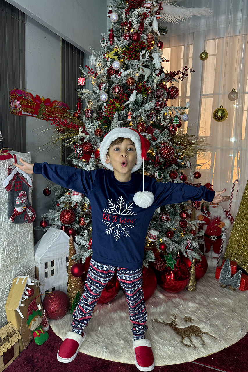 Winter family Matching pajamas with snowflake embroidery Navy 