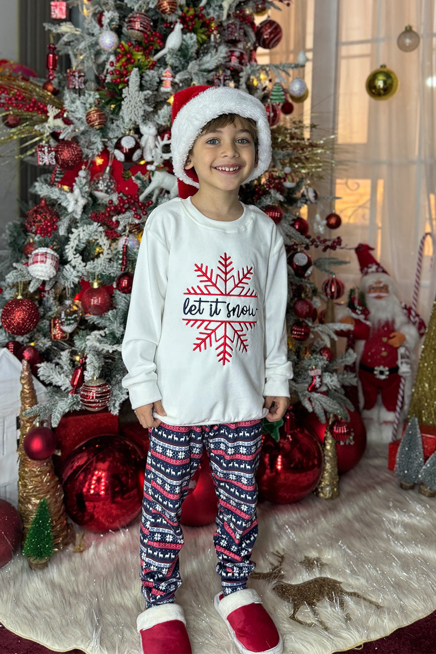 Winter family Matching pajamas with snowflake embroidery White - zoom in