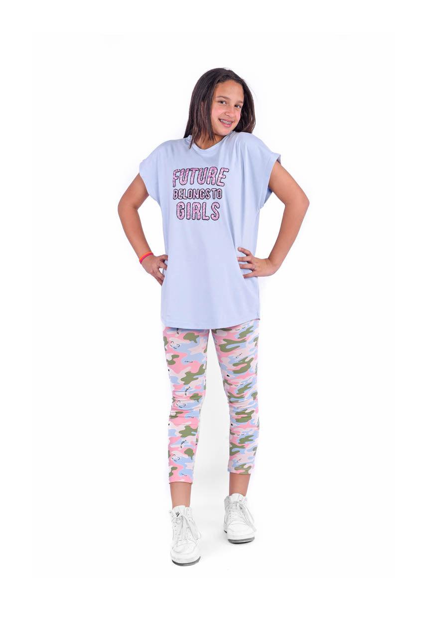 Summer girl's sportswear with Future Blue print - front view