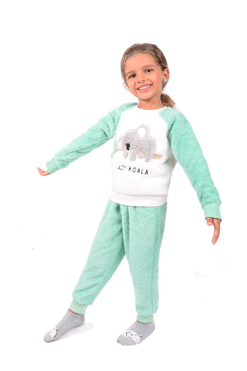 Winter girls' fur pajamas with a lazy koala design - side view
