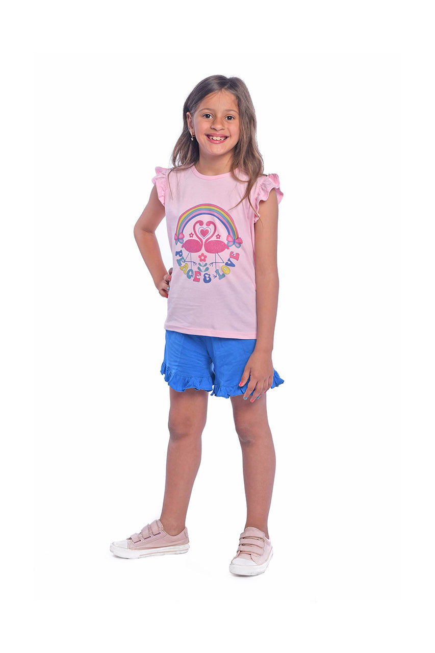 Girl's summer Outfit with Flamingo Rose printed - front view