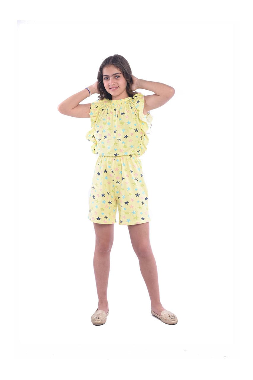 Girls jumpsuit for summer with yellow Seashell - front view