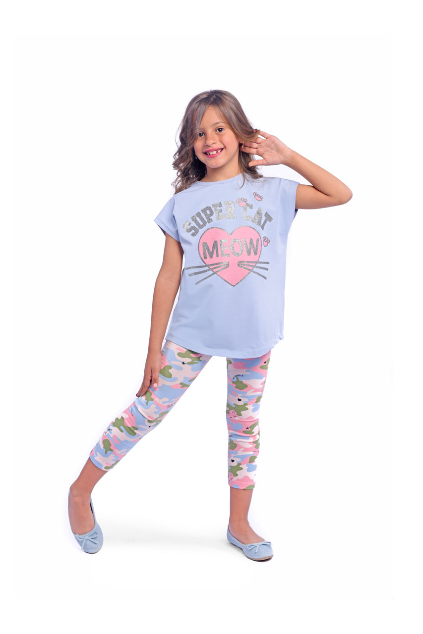 Girl's summer outfits with super cat print - front view