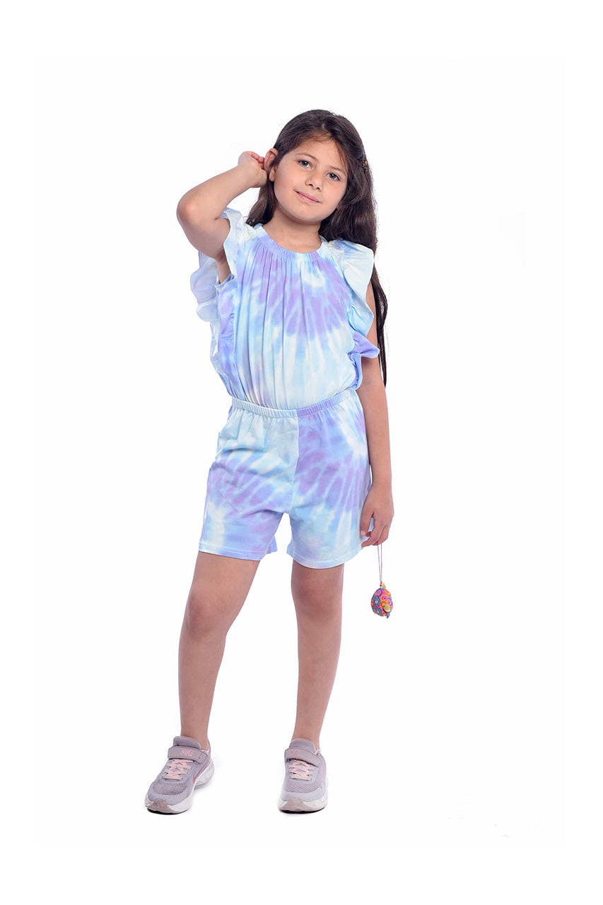 Girls jumpsuit for summer - tie dye design blue -