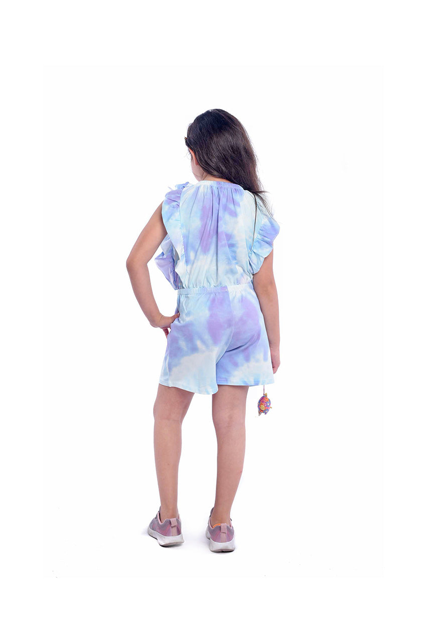 Girls jumpsuit for summer - tie dye design blue - back view