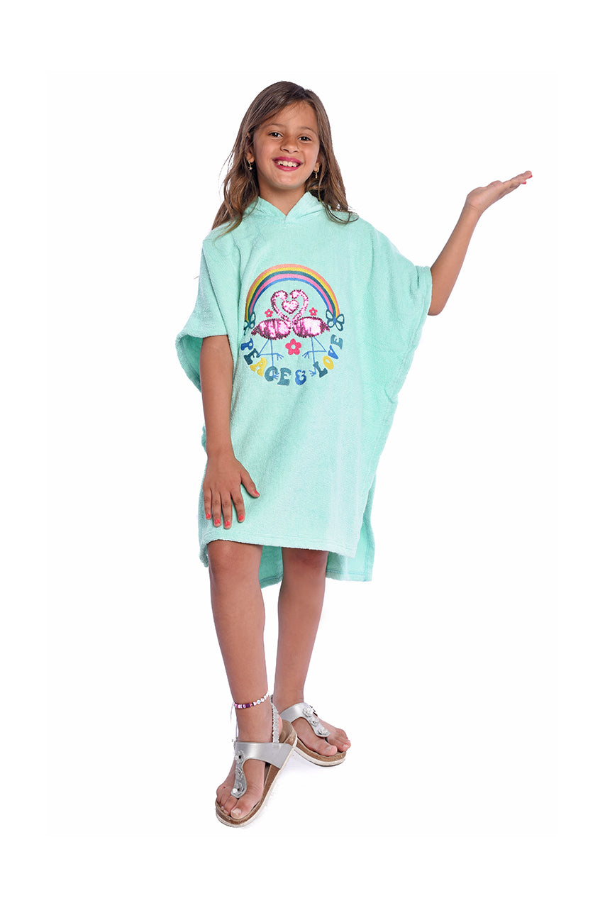 Girl's Towel poncho with Flamingo printed - front view