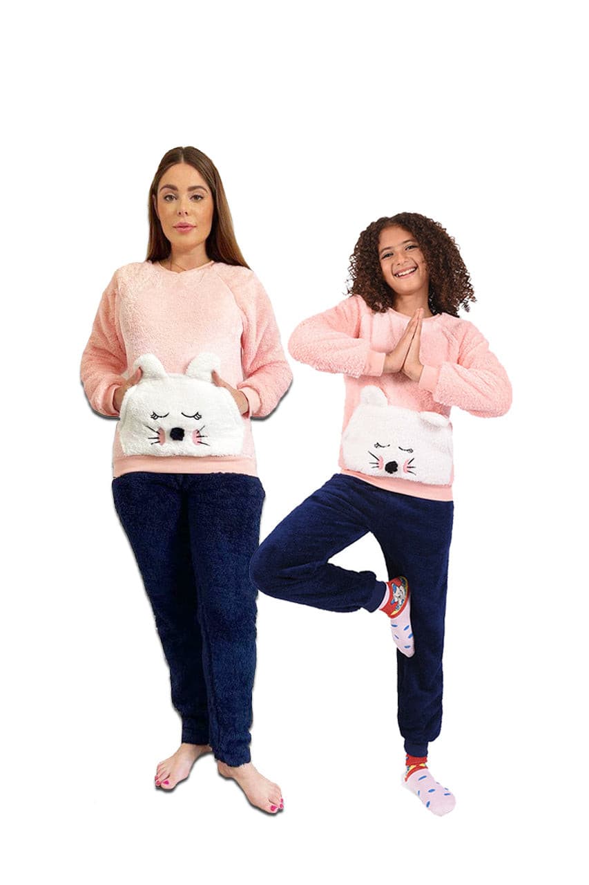 Winter Mommy and girls' fur pajamas with a Sleepy Bunny design - Cuddles Store