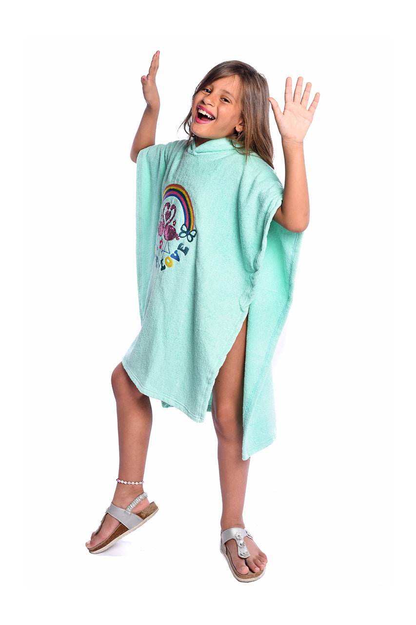 Girl's Towel poncho with Flamingo printed - side view