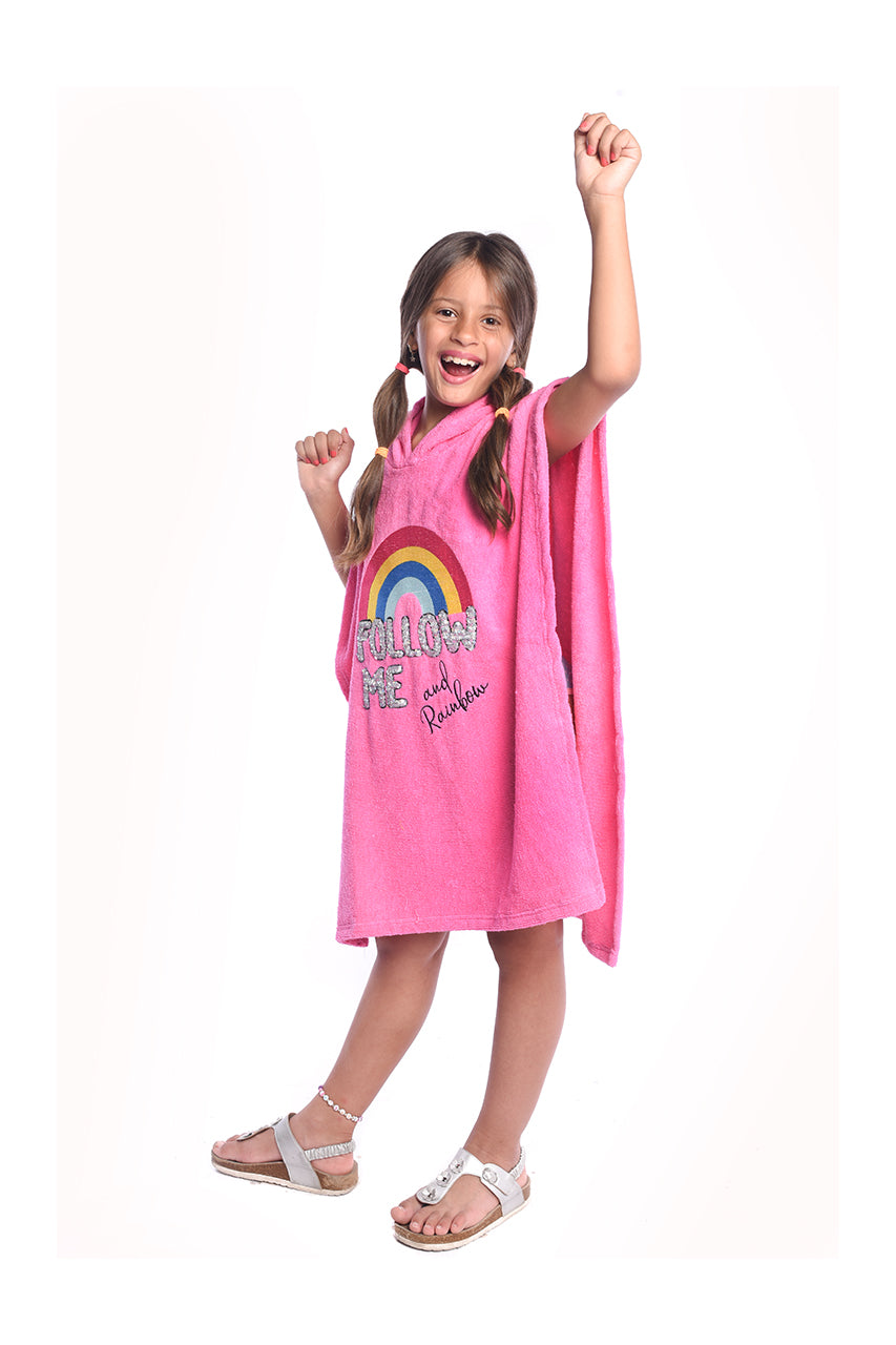Kids' Poncho Beach Towel with Rainbow sequin embroidery - side view