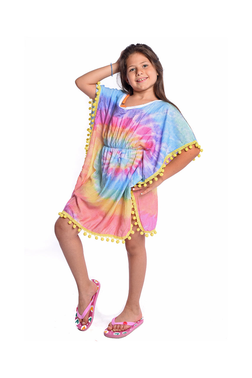Swimsuit Cover Up for girls, Tie dye multicolor cover up- side view 