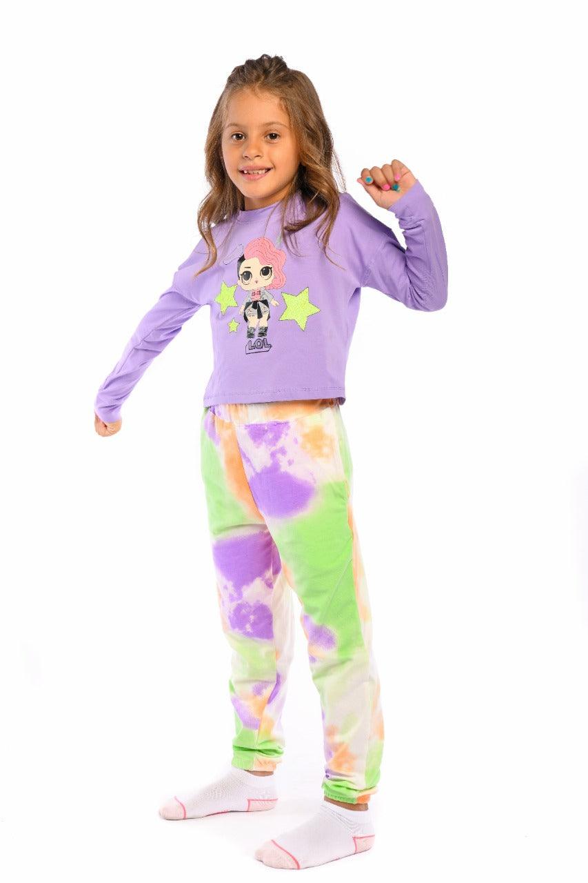 Girls fall pajamas with LOL print - light purple- side view